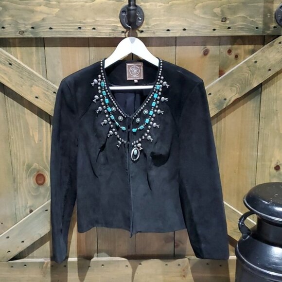 DOUBLE D RANCH BLACK SUEDE LEATHER BLAZER JACKET TURQUOISE  SIZE LARGE C… - Picture 1 of 12